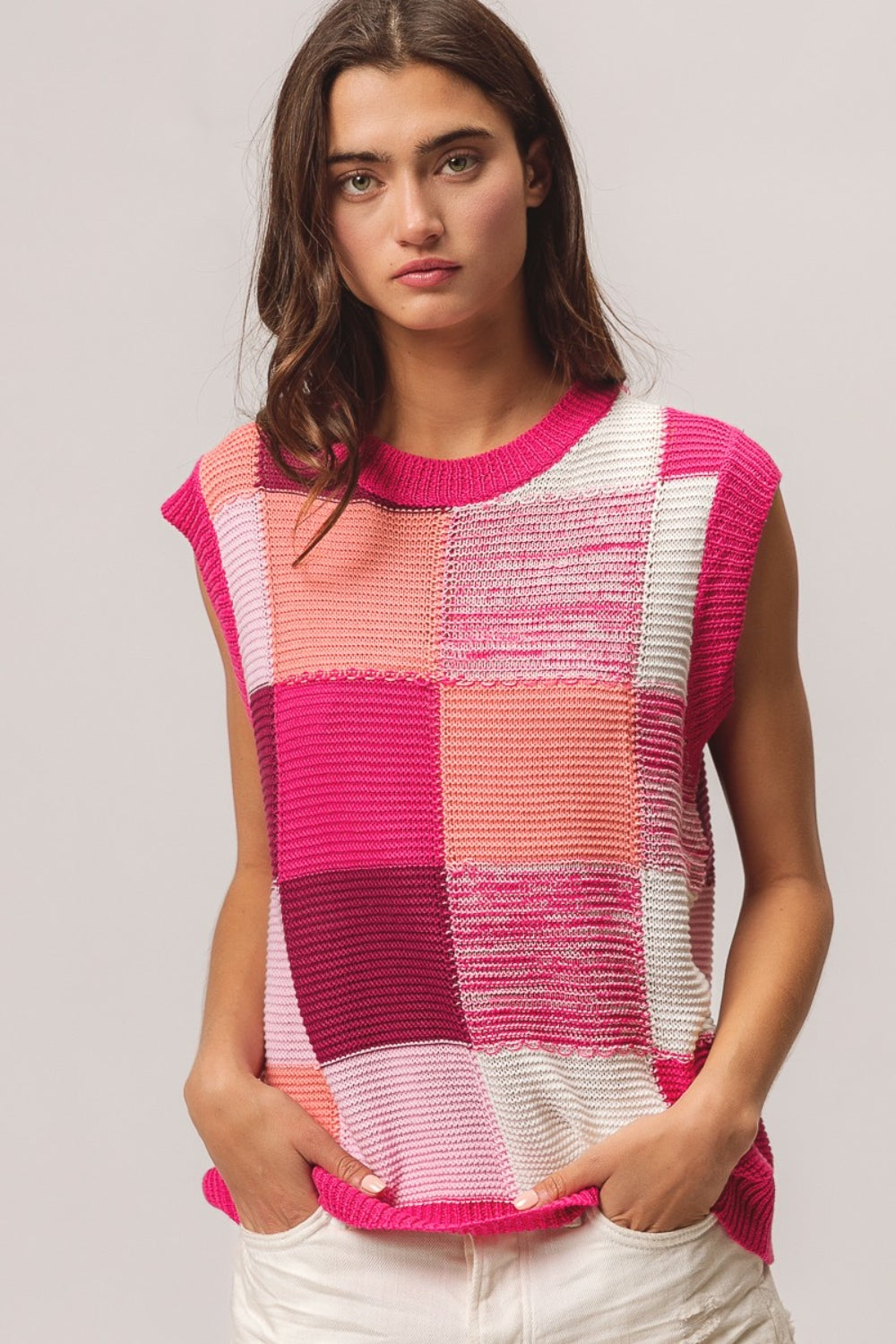 BiBi Color Block Round Neck Sweater Vest BiBi Color Block Round Neck Sweater Vest